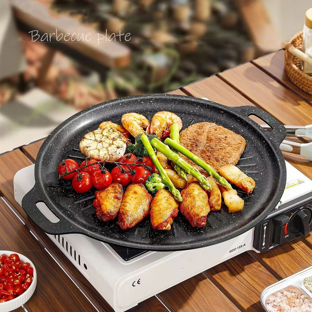 Kitchen Baking Tray - กระทะย่างบาร์บีคิวกลางแจ้งขนาด 34 ซม. ถาดอบแบบไม่ติดกระทะ กระทะย่างสไตล์เกาหลี กระทะสำหรับตั้งแคมป์