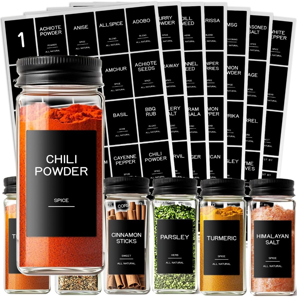 Kitchen.Baking Labels - ฉลากติดขวดเครื่องเทศกันน้ำแบบพิมพ์ลายสำเร็จรูปสีดำ 201 ชิ้น ดีไซน์มินิมอล ชุดสติกเกอร์สำหรับตกแต่งขวดเครื่องเทศในครัว สำหรับจัดระเบียบตู้เก็บของ