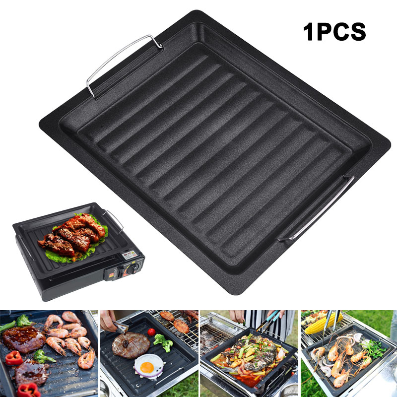Kitchen Baking Sheets - กระทะย่างทรงสี่เหลี่ยมหนาสำหรับใช้งานกลางแจ้ง พร้อมหูจับสองข้าง กระทะย่างเคลือบกันติดแบบพกพา ถาดอบสำหรับทำบาร์บีคิว แคมป์ปิ้ง และทำอาหาร